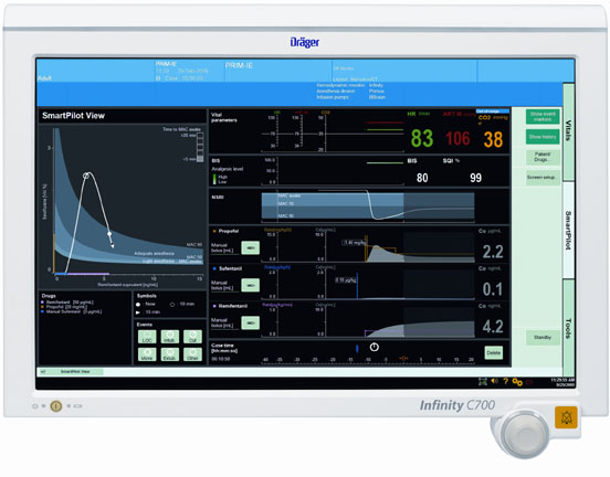 Der SmartPilot View bereitet eine Vielzahl von relevanten Zusatzinformationen verständlich auf und unterstützt damit die intuitive und schnelle Erfassung des Patientenzustandes auf einen Blick. © Drägerwerk AG & Co. KGaA